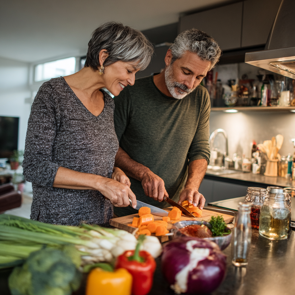 Middle-aged couple preparing healthy meal together in modern kitchen