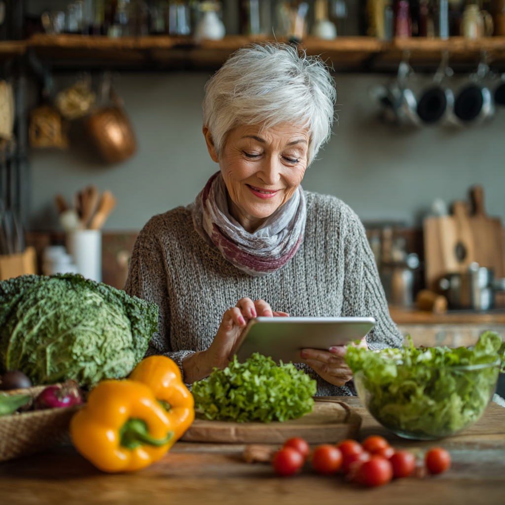 Senior woman reading nutrition plan on tablet while preparing fresh salad